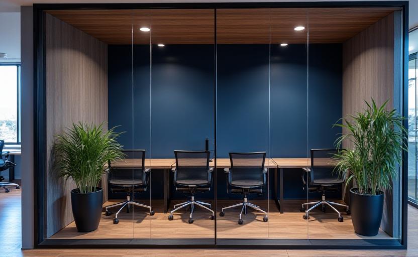 Private glass-walled office with modern navy accents