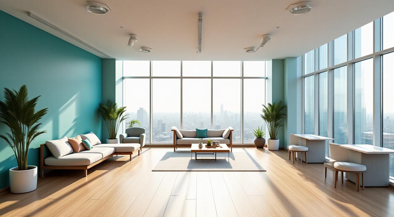 Panoramic view of a teal-themed workspace with natural wood accents and large windows