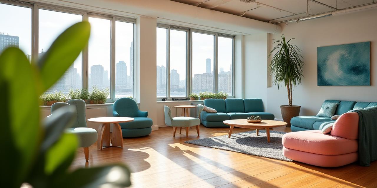 Sun-drenched modern coworking lounge with colorful furniture